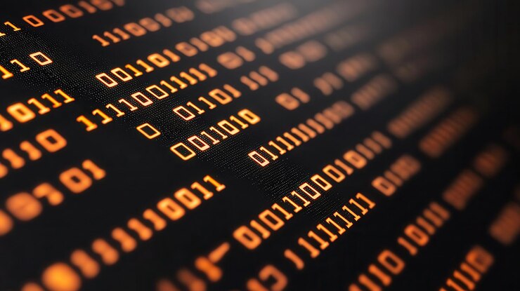 Foto representación abstracta de código binario en naranja vibrante que muestra el flujo de datos digitales y la tecnología