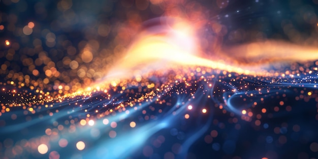 Una representación abstracta de la energía cósmica en partículas luminosas y rastros de luz
