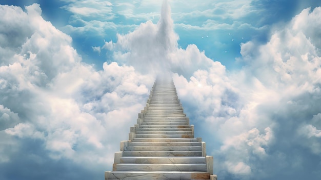 Representación abstracta de una escalera hacia el cielo, un camino adornado con nubes y una paloma pacífica que crea una cautivadora exhibición visual que simboliza el ascenso espiritual y la tranquilidad.