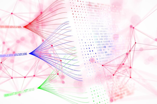 Representación abstracta del flujo de datos y el código binario en fondo blanco Renderización 3D