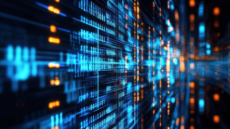 Foto representación abstracta del flujo de datos digitales con luces azules y naranjas