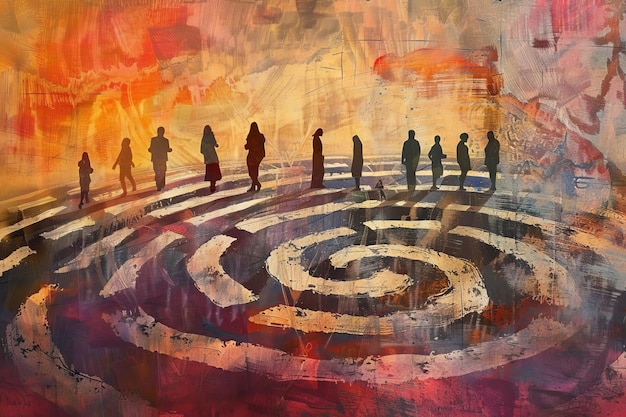 Una representación abstracta de personas en un camino de laberinto que representa el viaje de curación y crecimiento personal