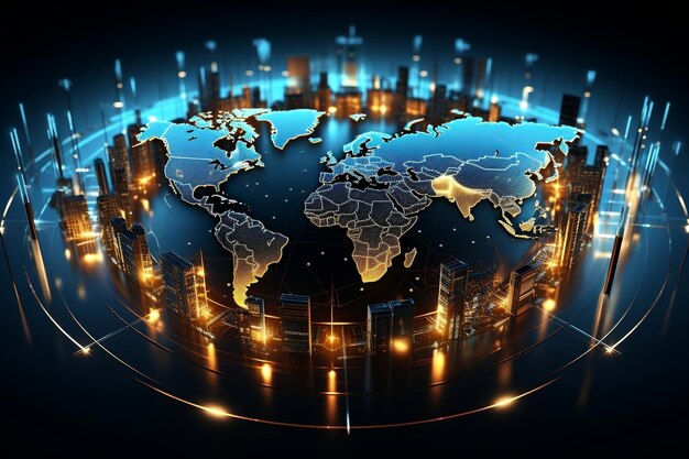 Representación abstracta de la red global de la tecnología cibernética e Internet en el mapa mundial IA generativa
