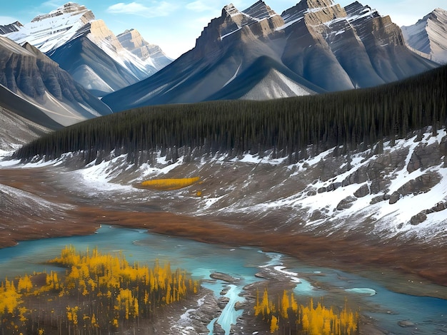 Una representación abstracta del terreno accidentado del Parque Nacional Banff de Canadá con colores vibrantes