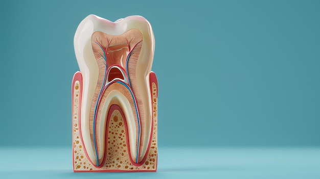 Foto representación de la anatomía del diente azul fondo médico modelo de estructura interna del diente