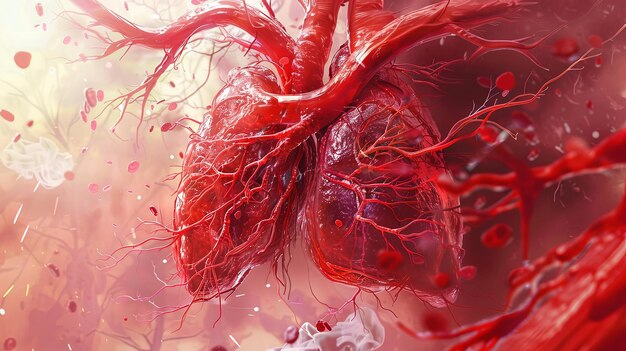 representación anatómica realista de un corazón humano con sistema vascular