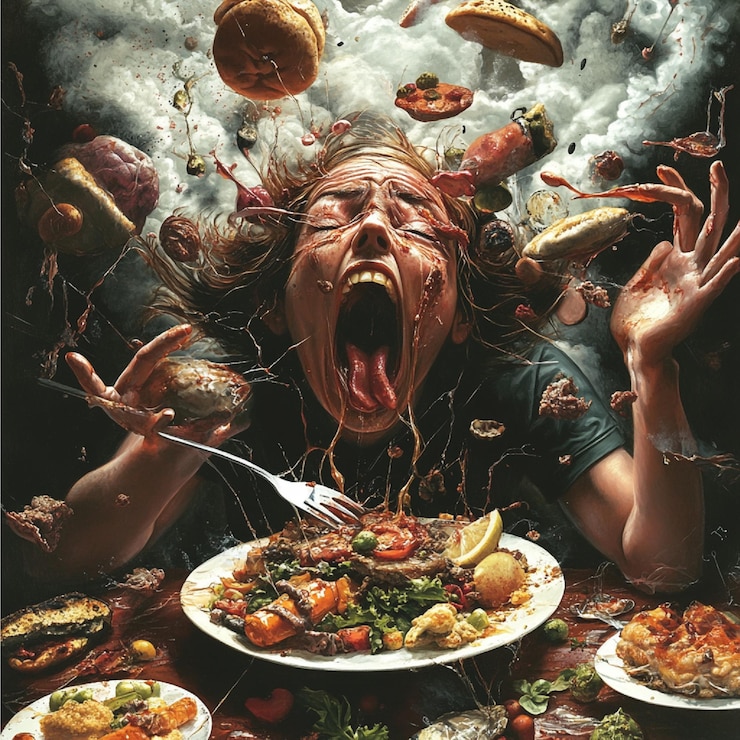 Foto una representación de la ansiedad que rodea a la comida con una figura abrumada por un plato de comida