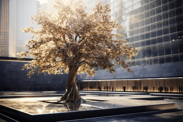 Foto representación de un árbol con un edificio al fondo.