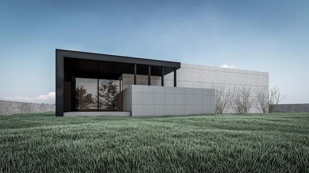 Representación arquitectónica en 3D de una casa minimalista moderna con campo de césped