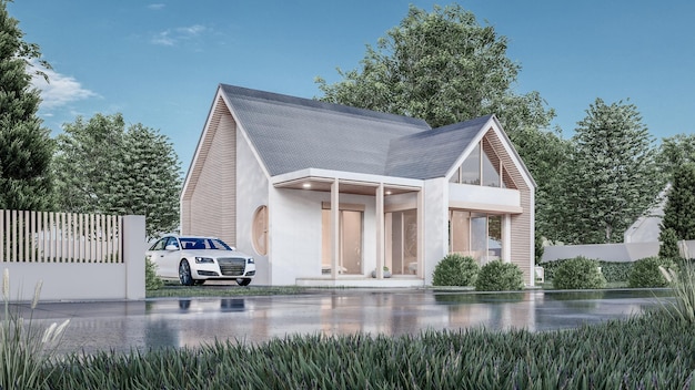 Representación arquitectónica en 3D de una casa minimalista moderna con garaje y paisaje natural atrás