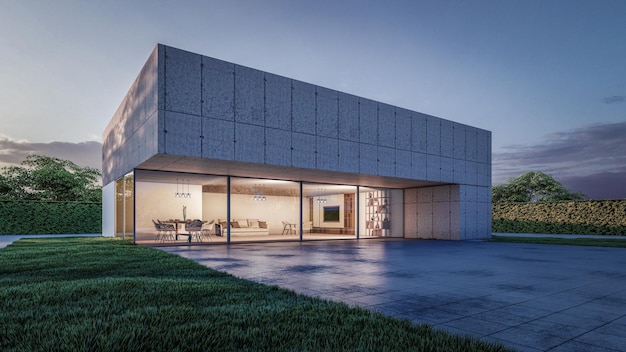 Representación arquitectónica en 3D de una casa minimalista moderna con paisaje natural