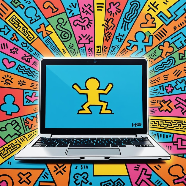 Foto una representación de arte pop de una computadora portátil al estilo de keith haring 4k uhd ultra 32k arte fino