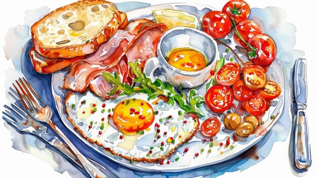 Representación artística en acuarela de un desayuno inglés completo que atrae a los blogs de comida gourmet