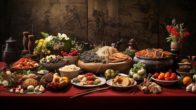 Una representación artística de una antigua fiesta de Año Nuevo con alimentos históricos y e culturales