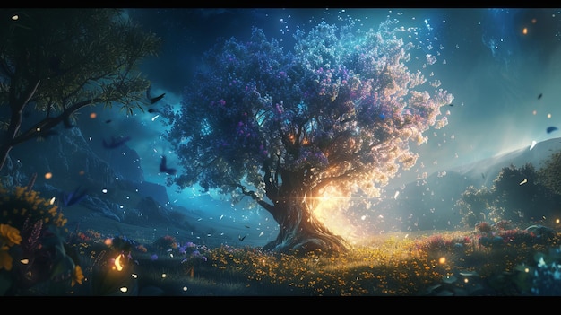 Una representación artística de un árbol alto y brillante que evoca la esencia misteriosa y fantástica del Anillo de Elden rodeado de flora de otro mundo Creado utilizando una representación artística de IA Generativa