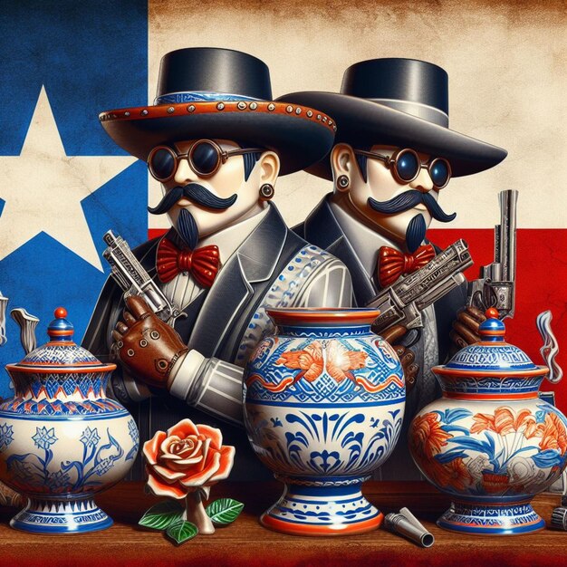 Representación artística de bandidos esqueletos con rifles y máscaras frente a una bandera estadounidense