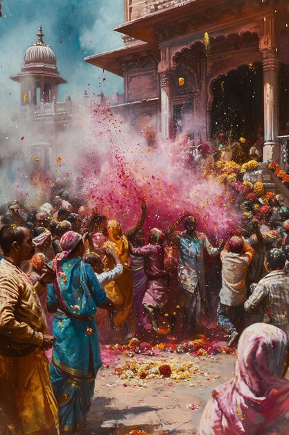 Representación artística de una celebración de Holi en un templo indio histórico