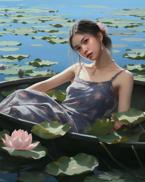 Representación artística de las flores de loto en un estanque tranquilo