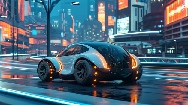 Una representación artística de un futurístico coche autónomo que navega por paisajes urbanos