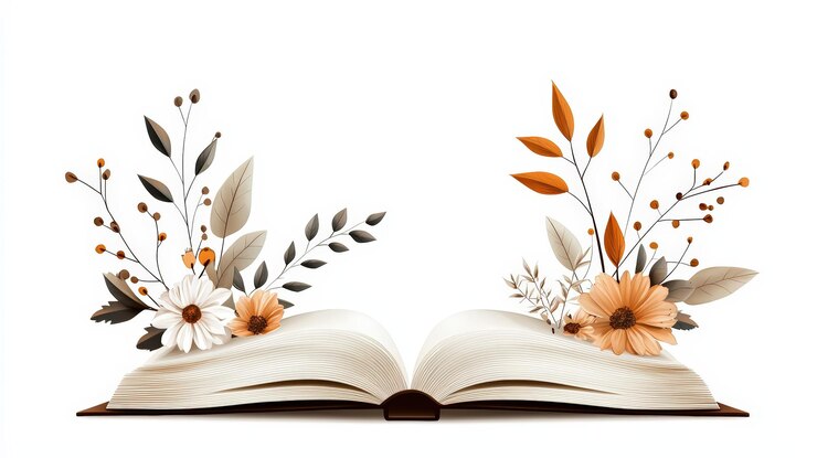 Una representación artística de un libro abierto rodeado de elegantes elementos florales en tonos cálidos perfectos para diseños o temas literarios