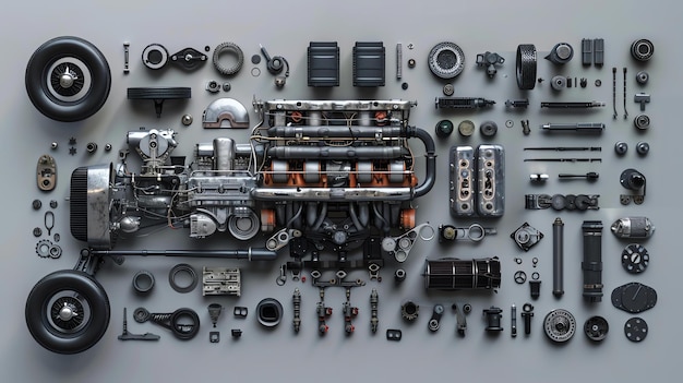 Foto una representación artística de un motor v8 desmontado y sus componentes mostrados en un fondo gris sólido