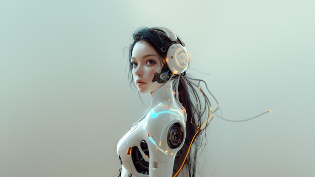 Una representación artística de una mujer cyborg futurista con elementos robóticos avanzados y luces brillantes perfecta para transmitir conceptos de tecnología IA y la fusión de humanos con máquinas