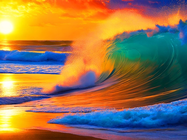 Foto representación artística de una ola marítima diurna con una impresionante puesta de sol como fondo que captura el