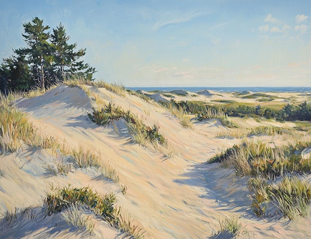 Una representación artística de un paisaje costero con dunas de arena y un océano tranquilo pintado en colores cálidos