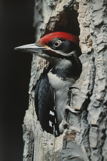 Foto representación artística de un pájaro carpintero con un cincel formando un hueco en un árbol para su nido