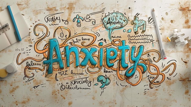 Representación artística de la palabra ansiedad con garabates y objetos expresivos