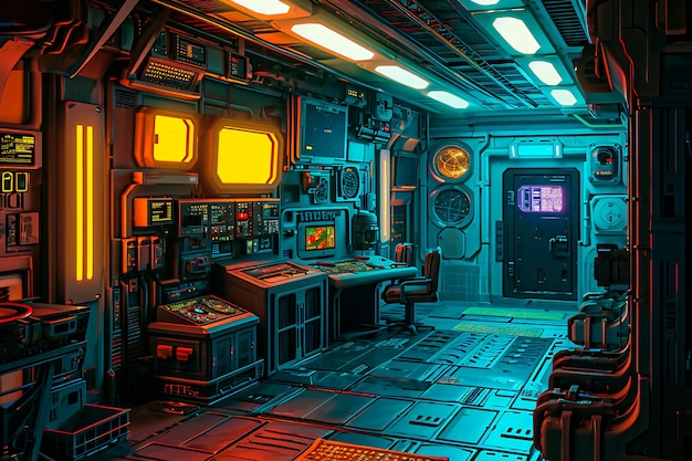 Representación artística en píxeles del interior de una estación espacial iluminada por luces de neón