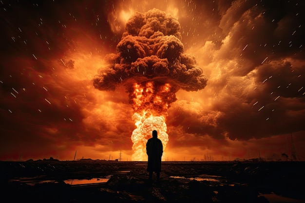 Representación artística de la silueta del soldado de la guerra nuclear contra una enorme nube en forma de hongo