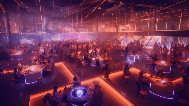 Representación de un bar con luces de neón y un bar con gente sentada en mesas y sillas.