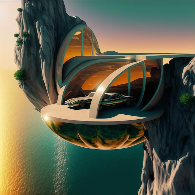 Foto una representación de una casa futurista en un acantilado con vistas al océano ai generativo