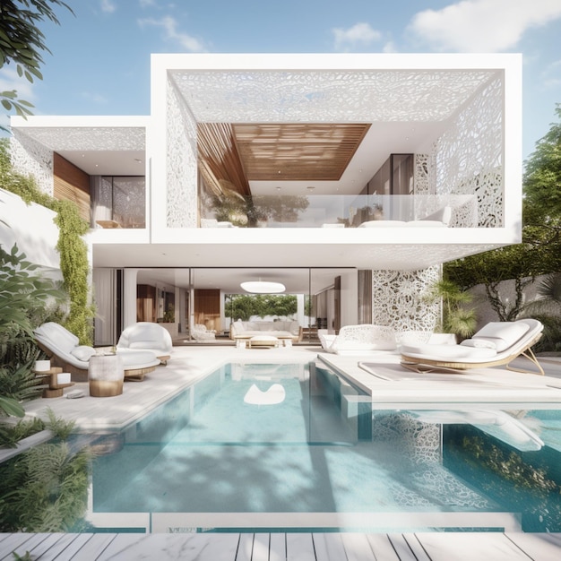 Representación de una casa moderna con piscina y salones generativos ai