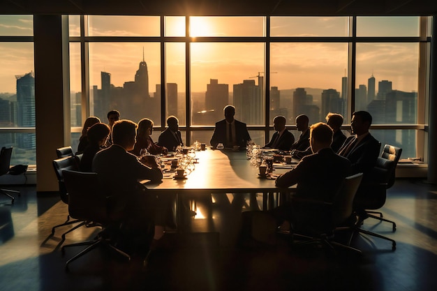 Una representación cautivadora de un gerente que lidera un equipo de negocios vibrante y comprometido durante una reunión a la luz del atardecer