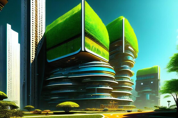 Foto una representación cautivadora de un paisaje urbano futurista con altísimos rascacielos y tecnología avanzada