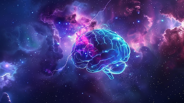 Representación del cerebro humano flotando en el entorno cósmico conexiones eléctricas neuronales