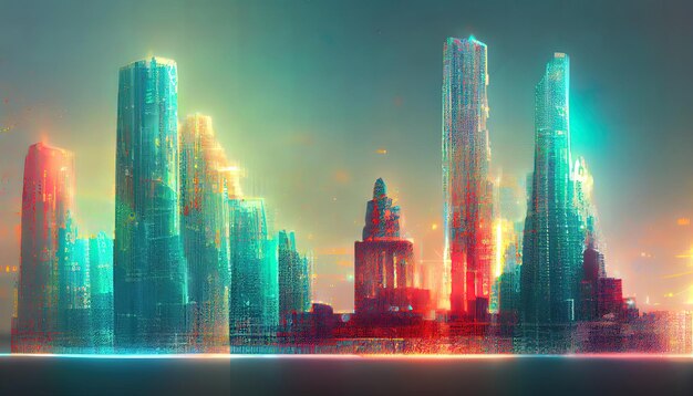 Representación de ciudad 3D de holograma abstracto con matriz futurista Horizonte digital con una red de partículas de código binario