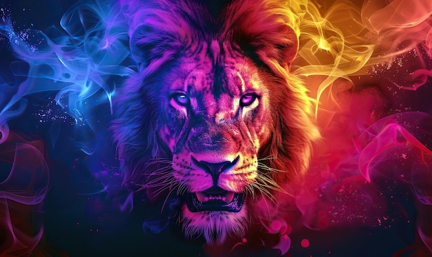 Una representación colorida de la cara de un león en medio de un remolino de humo de neón Generar Ai