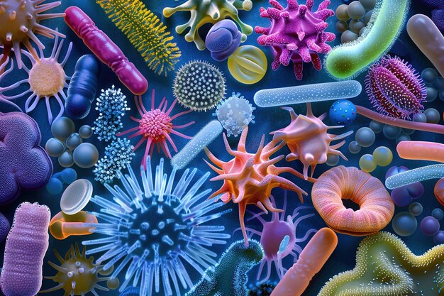 Representación colorida de varios microbios en una ilustración 3D dinámica y detallada