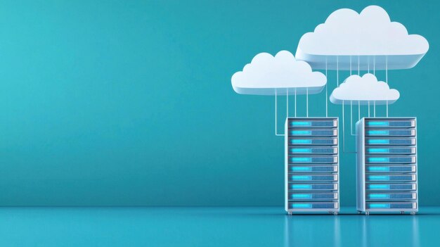 Una representación conceptual de la computación en nube con servidores y nubes que muestran tecnología digital y almacenamiento de datos