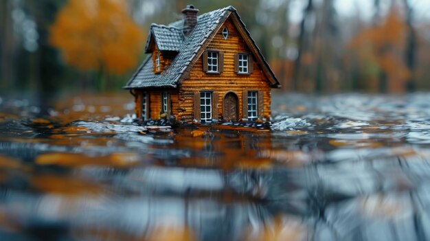 Representación conceptual del impacto del cambio climático Una casa de madera en miniatura en un entorno inundado IA generativa