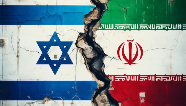Foto representación del conflicto entre irán e israel con banderas nacionales y siluetas militares