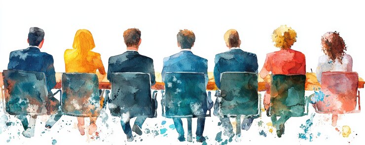Una representación creativa en acuarela de un grupo diverso de personas con ropa formal involucradas en una reunión o conferencia