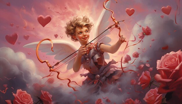 Foto representación de cupido apuntando su flecha rodeado de una ráfaga de corazones y cintas día de san valentín