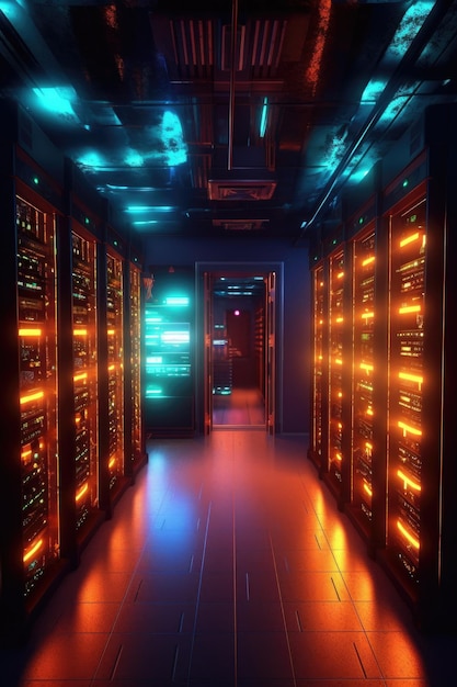 Representación D de una sala de servidores segura con luces brillantes creada con inteligencia artificial generativa