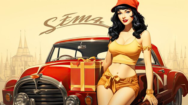 Foto representación de una dama vestida de estilo pin-up como papá noel distribuyendo regalos de navidad.