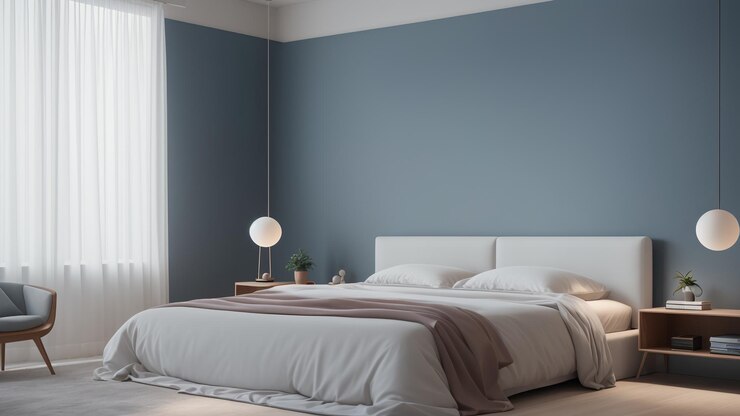 Una representación detallada de un dormitorio con una cama y una silla AI generativo