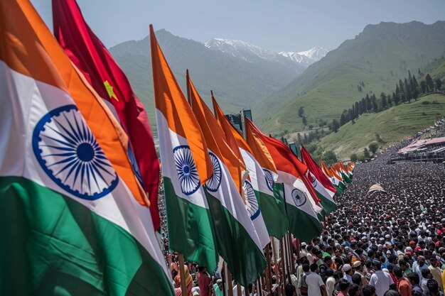 Representación detallada y realista de las banderas de la India y Pakistán levantadas durante la ceremonia de cierre de la frontera